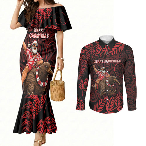 New Zealand Christmas Couples Matching Mermaid Dress and Long Sleeve Button Shirt Red Santa Riding Kiwi Bird Silver Fern