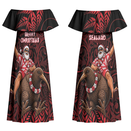 New Zealand Christmas Couples Matching Off Shoulder Maxi Dress and Long Sleeve Button Shirt Red Santa Riding Kiwi Bird Silver Fern