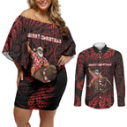 New Zealand Christmas Couples Matching Off Shoulder Short Dress and Long Sleeve Button Shirt Red Santa Riding Kiwi Bird Silver Fern