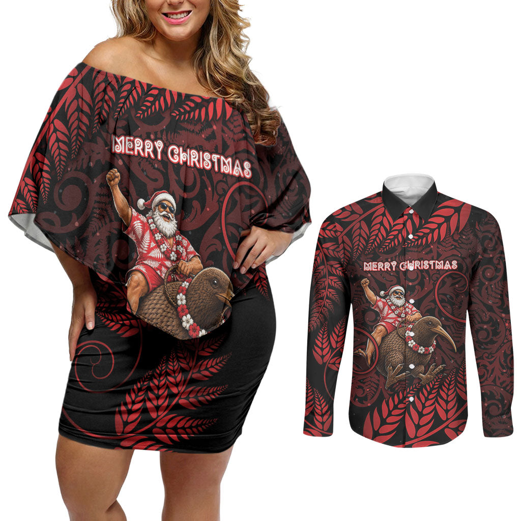 New Zealand Christmas Couples Matching Off Shoulder Short Dress and Long Sleeve Button Shirt Red Santa Riding Kiwi Bird Silver Fern