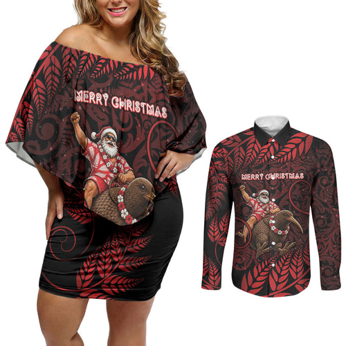 New Zealand Christmas Couples Matching Off Shoulder Short Dress and Long Sleeve Button Shirt Red Santa Riding Kiwi Bird Silver Fern