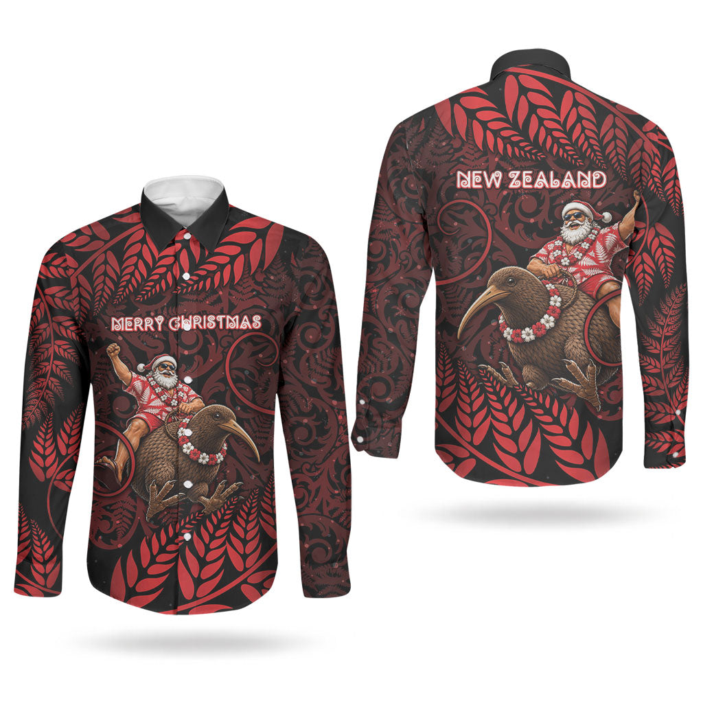 New Zealand Christmas Couples Matching Off Shoulder Short Dress and Long Sleeve Button Shirt Red Santa Riding Kiwi Bird Silver Fern