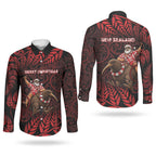 New Zealand Christmas Couples Matching Off Shoulder Short Dress and Long Sleeve Button Shirt Red Santa Riding Kiwi Bird Silver Fern