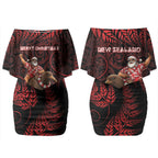 New Zealand Christmas Couples Matching Off Shoulder Short Dress and Long Sleeve Button Shirt Red Santa Riding Kiwi Bird Silver Fern