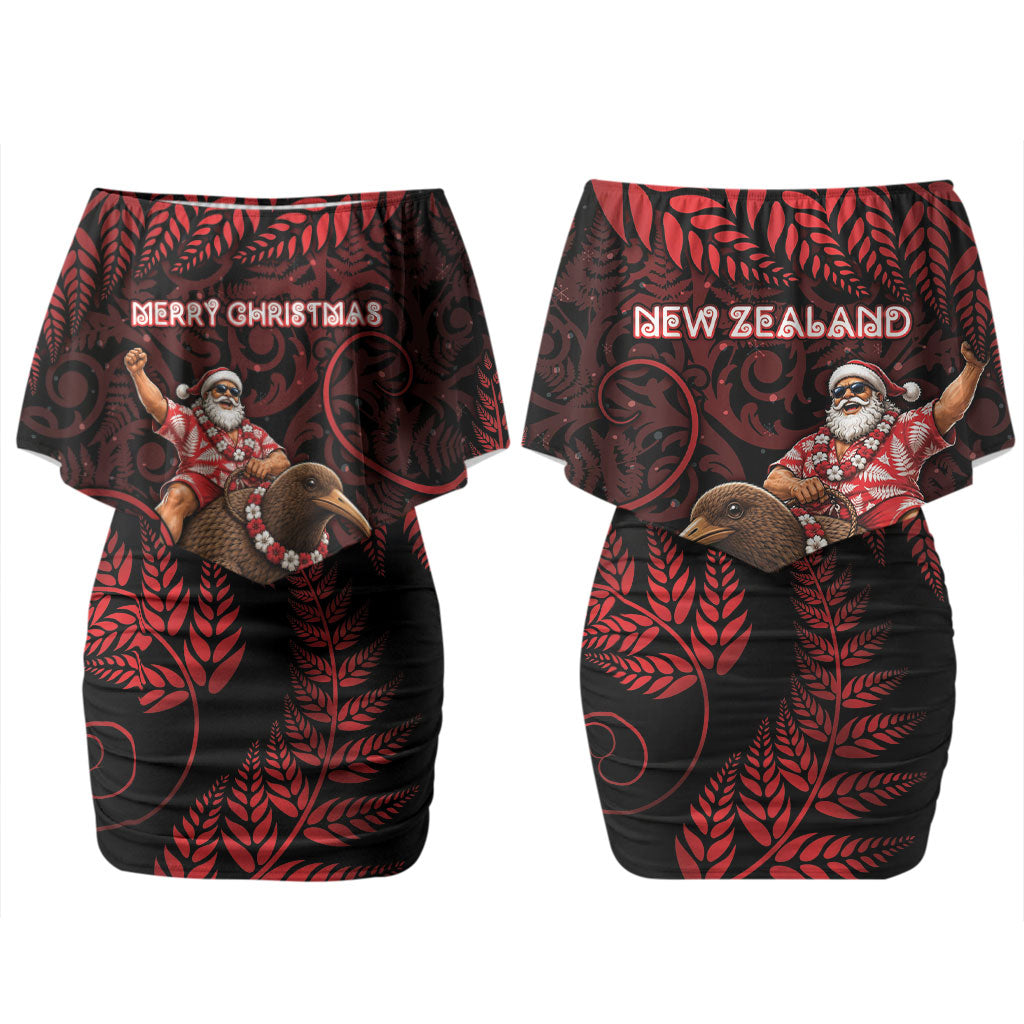 New Zealand Christmas Couples Matching Off Shoulder Short Dress and Long Sleeve Button Shirt Red Santa Riding Kiwi Bird Silver Fern