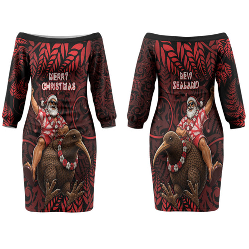 New Zealand Christmas Couples Matching Off The Shoulder Long Sleeve Dress and Long Sleeve Button Shirt Red Santa Riding Kiwi Bird Silver Fern
