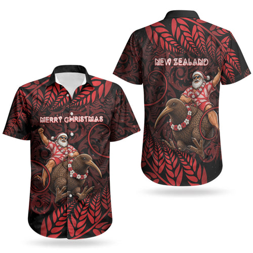 New Zealand Christmas Couples Matching Puletasi and Hawaiian Shirt Red Santa Riding Kiwi Bird Silver Fern
