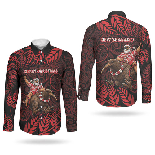 New Zealand Christmas Couples Matching Puletasi and Long Sleeve Button Shirt Red Santa Riding Kiwi Bird Silver Fern