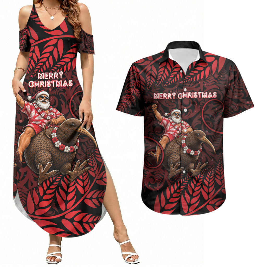 New Zealand Christmas Couples Matching Summer Maxi Dress and Hawaiian Shirt Red Santa Riding Kiwi Bird Silver Fern
