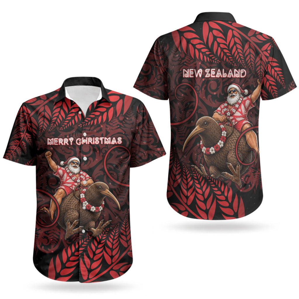 New Zealand Christmas Couples Matching Summer Maxi Dress and Hawaiian Shirt Red Santa Riding Kiwi Bird Silver Fern