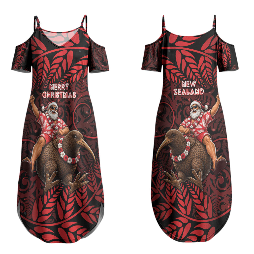 New Zealand Christmas Couples Matching Summer Maxi Dress and Hawaiian Shirt Red Santa Riding Kiwi Bird Silver Fern