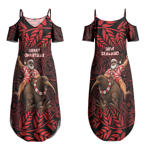 New Zealand Christmas Couples Matching Summer Maxi Dress and Hawaiian Shirt Red Santa Riding Kiwi Bird Silver Fern