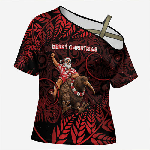 New Zealand Christmas Cross Shoulder Shirt Red Santa Riding Kiwi Bird Silver Fern