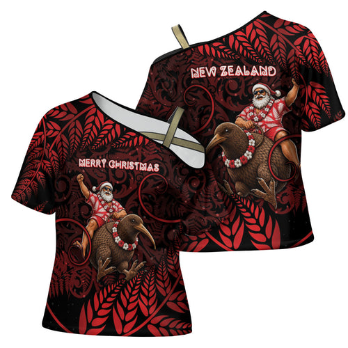 New Zealand Christmas Cross Shoulder Shirt Red Santa Riding Kiwi Bird Silver Fern
