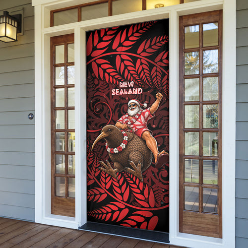 New Zealand Christmas Door Cover Red Santa Riding Kiwi Bird Silver Fern