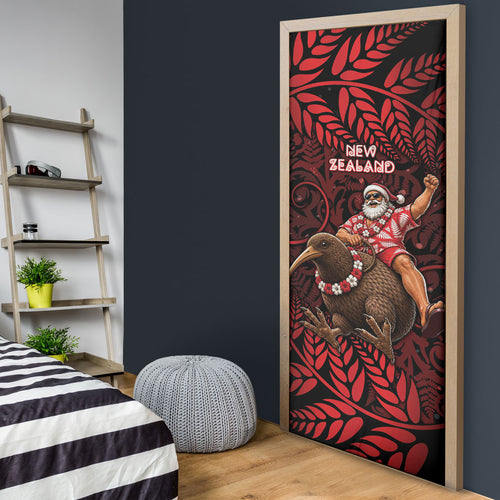 New Zealand Christmas Door Cover Red Santa Riding Kiwi Bird Silver Fern