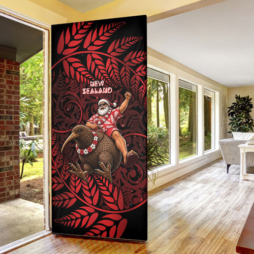 New Zealand Christmas Door Cover Red Santa Riding Kiwi Bird Silver Fern