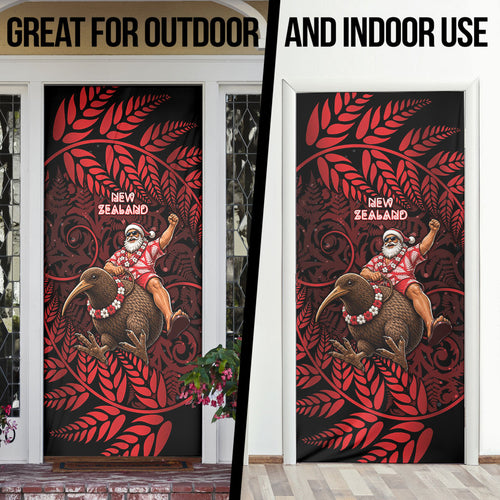 New Zealand Christmas Door Cover Red Santa Riding Kiwi Bird Silver Fern