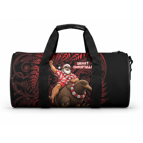 New Zealand Christmas Duffle Bag Red Santa Riding Kiwi Bird Silver Fern