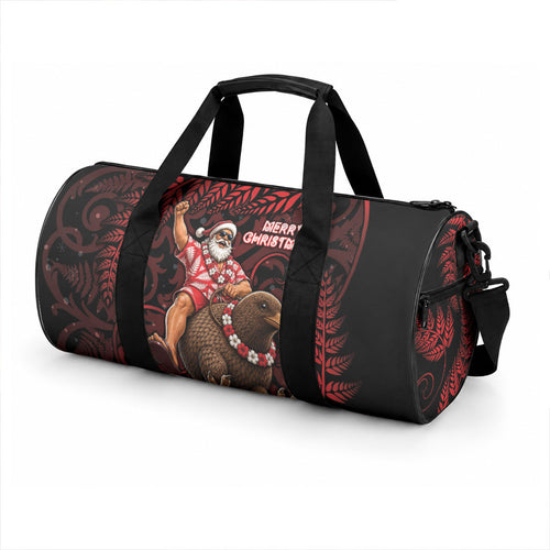 New Zealand Christmas Duffle Bag Red Santa Riding Kiwi Bird Silver Fern