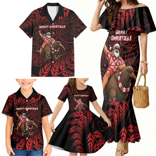 New Zealand Christmas Family Matching Mermaid Dress and Hawaiian Shirt Red Santa Riding Kiwi Bird Silver Fern