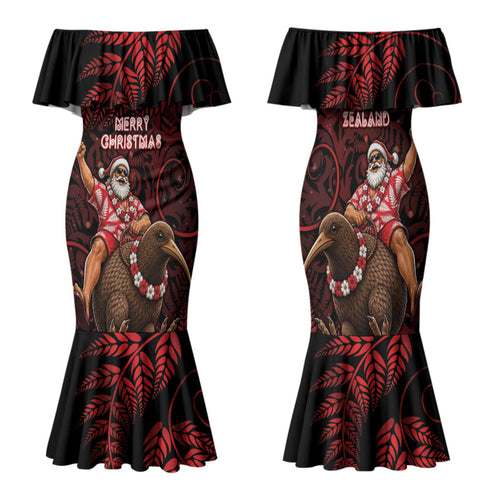 New Zealand Christmas Family Matching Mermaid Dress and Hawaiian Shirt Red Santa Riding Kiwi Bird Silver Fern