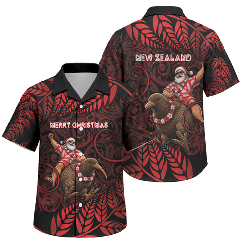 New Zealand Christmas Family Matching Mermaid Dress and Hawaiian Shirt Red Santa Riding Kiwi Bird Silver Fern