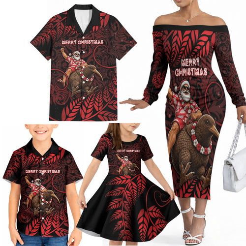 New Zealand Christmas Family Matching Off The Shoulder Long Sleeve Dress and Hawaiian Shirt Red Santa Riding Kiwi Bird Silver Fern