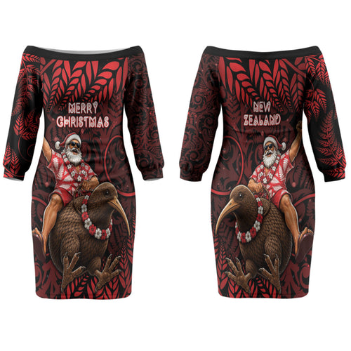 New Zealand Christmas Family Matching Off The Shoulder Long Sleeve Dress and Hawaiian Shirt Red Santa Riding Kiwi Bird Silver Fern