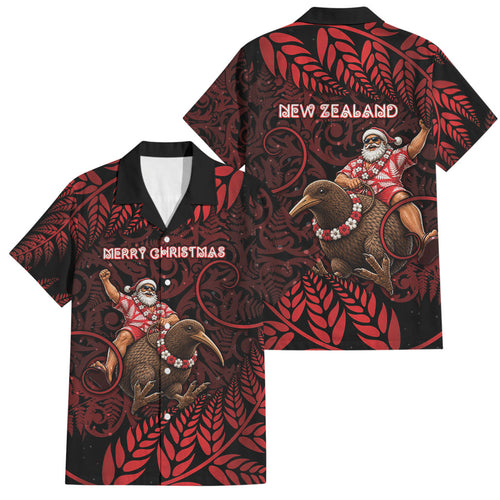 New Zealand Christmas Family Matching Off The Shoulder Long Sleeve Dress and Hawaiian Shirt Red Santa Riding Kiwi Bird Silver Fern