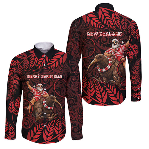 New Zealand Christmas Family Matching Off The Shoulder Long Sleeve Dress and Hawaiian Shirt Red Santa Riding Kiwi Bird Silver Fern