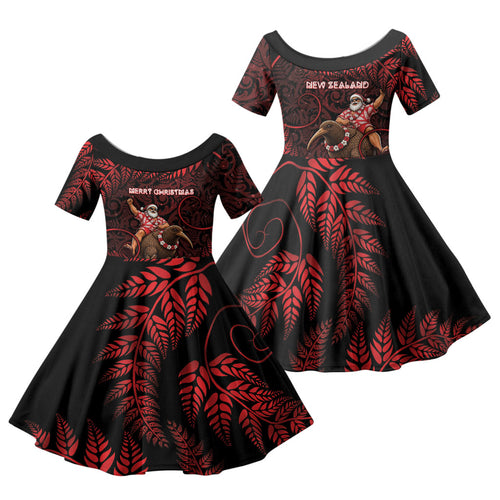 New Zealand Christmas Family Matching Off The Shoulder Long Sleeve Dress and Hawaiian Shirt Red Santa Riding Kiwi Bird Silver Fern