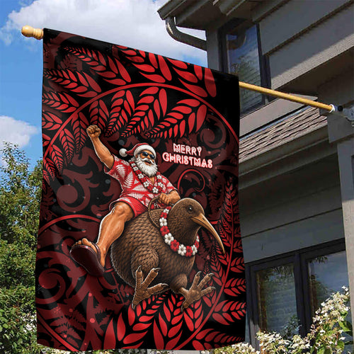 New Zealand Christmas Garden Flag Red Santa Riding Kiwi Bird Silver Fern