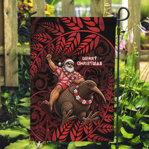 New Zealand Christmas Garden Flag Red Santa Riding Kiwi Bird Silver Fern