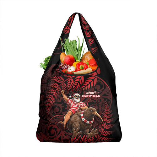 New Zealand Christmas Grocery Bag Red Santa Riding Kiwi Bird Silver Fern