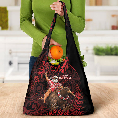 New Zealand Christmas Grocery Bag Red Santa Riding Kiwi Bird Silver Fern
