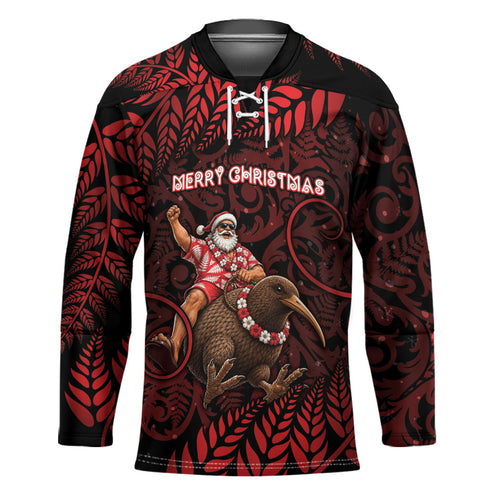 New Zealand Christmas Hockey Jersey Red Santa Riding Kiwi Bird Silver Fern