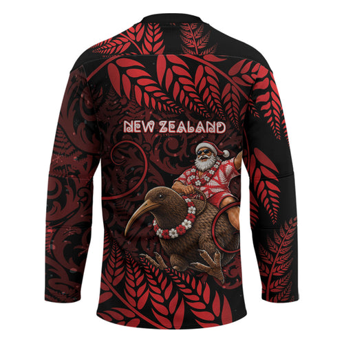 New Zealand Christmas Hockey Jersey Red Santa Riding Kiwi Bird Silver Fern