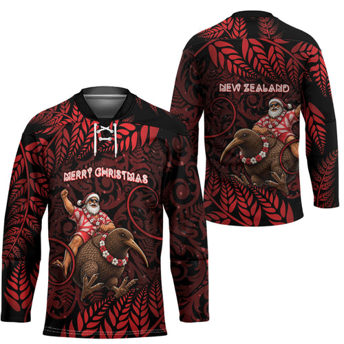 New Zealand Christmas Hockey Jersey Red Santa Riding Kiwi Bird Silver Fern