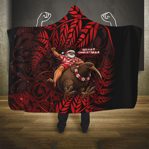 New Zealand Christmas Hooded Blanket Red Santa Riding Kiwi Bird Silver Fern