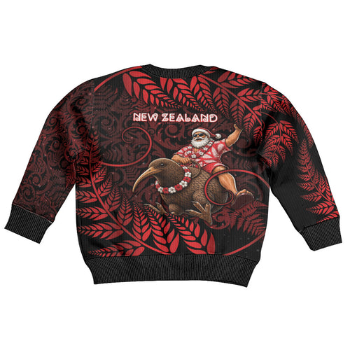 New Zealand Christmas Kid Ugly Christmas Sweater Red Santa Riding Kiwi Bird Silver Fern