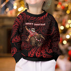New Zealand Christmas Kid Ugly Christmas Sweater Red Santa Riding Kiwi Bird Silver Fern