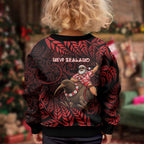 New Zealand Christmas Kid Ugly Christmas Sweater Red Santa Riding Kiwi Bird Silver Fern