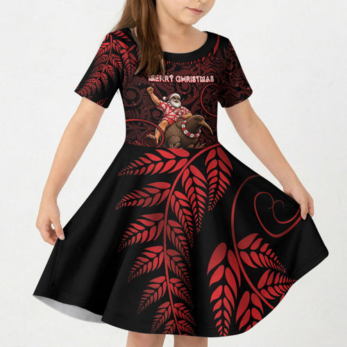 New Zealand Christmas Kid Short Sleeve Dress Red Santa Riding Kiwi Bird Silver Fern