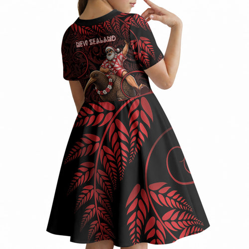 New Zealand Christmas Kid Short Sleeve Dress Red Santa Riding Kiwi Bird Silver Fern