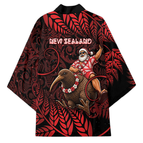 New Zealand Christmas Kimono Red Santa Riding Kiwi Bird Silver Fern