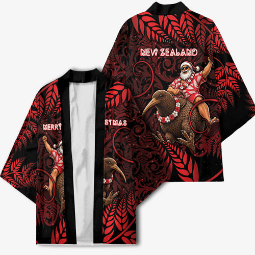 New Zealand Christmas Kimono Red Santa Riding Kiwi Bird Silver Fern