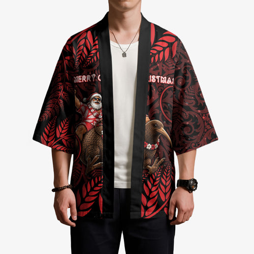New Zealand Christmas Kimono Red Santa Riding Kiwi Bird Silver Fern