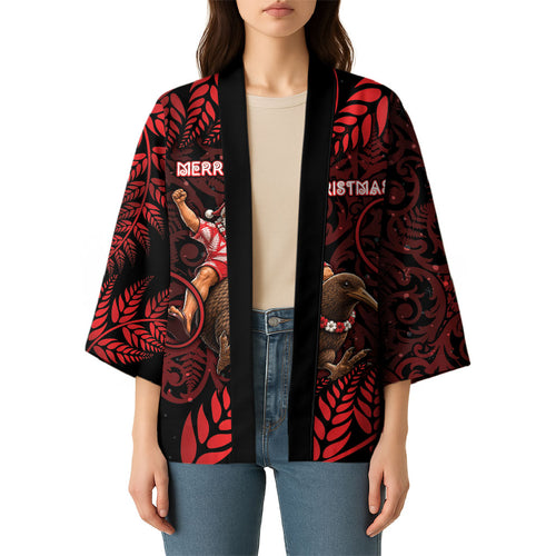 New Zealand Christmas Kimono Red Santa Riding Kiwi Bird Silver Fern