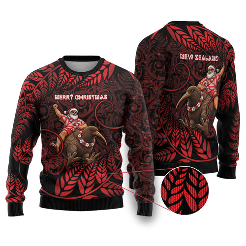 New Zealand Christmas Ugly Christmas Sweater Red Santa Riding Kiwi Bird Silver Fern